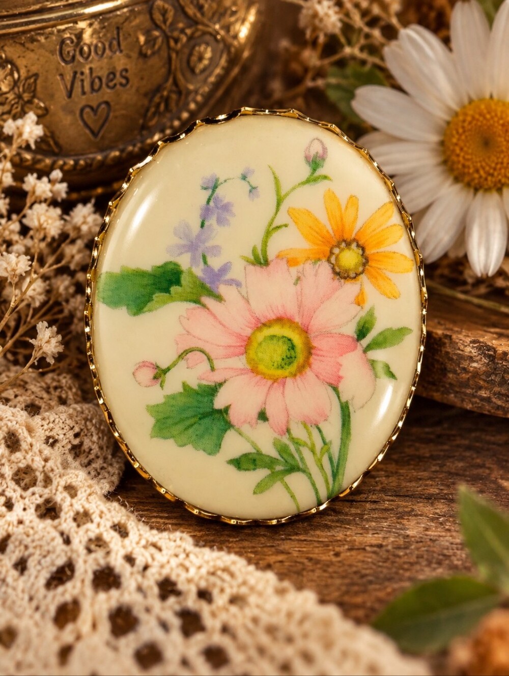 Vintage Hallmark Floral Brooch Pendant Boho Wildflower Enamel Gold Tone Retro